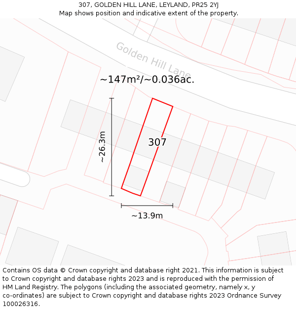 307, GOLDEN HILL LANE, LEYLAND, PR25 2YJ: Plot and title map