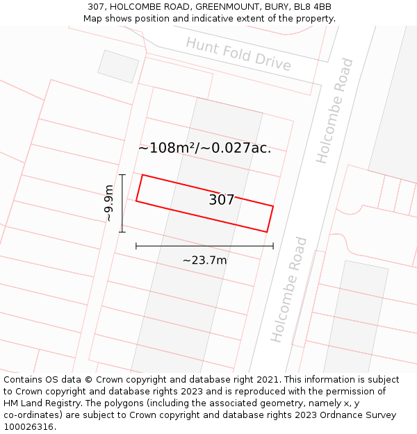 307, HOLCOMBE ROAD, GREENMOUNT, BURY, BL8 4BB: Plot and title map