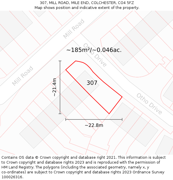 307, MILL ROAD, MILE END, COLCHESTER, CO4 5FZ: Plot and title map