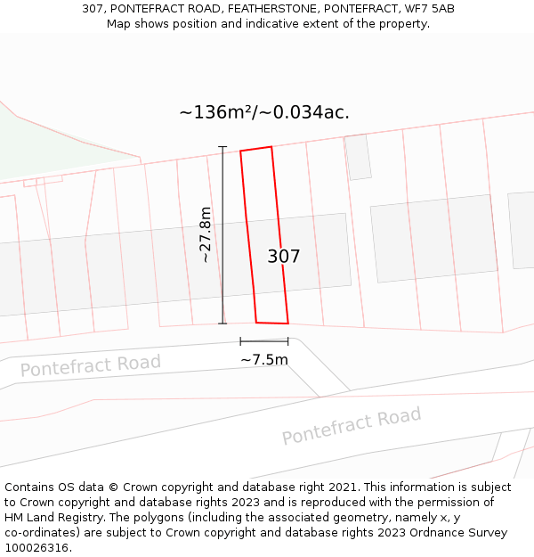 307, PONTEFRACT ROAD, FEATHERSTONE, PONTEFRACT, WF7 5AB: Plot and title map