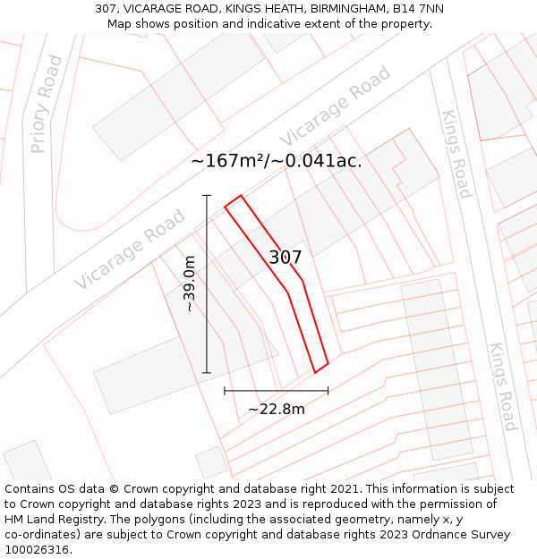 307, VICARAGE ROAD, KINGS HEATH, BIRMINGHAM, B14 7NN: Plot and title map