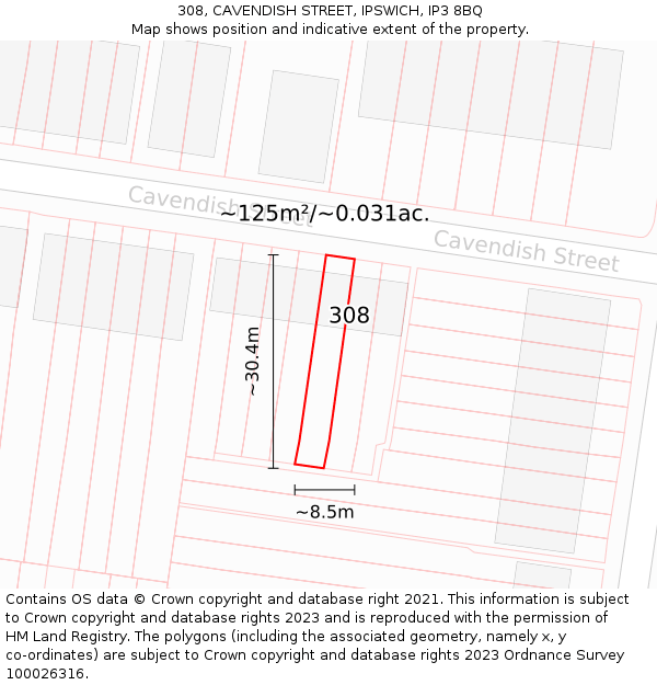308, CAVENDISH STREET, IPSWICH, IP3 8BQ: Plot and title map