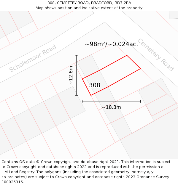 308, CEMETERY ROAD, BRADFORD, BD7 2PA: Plot and title map