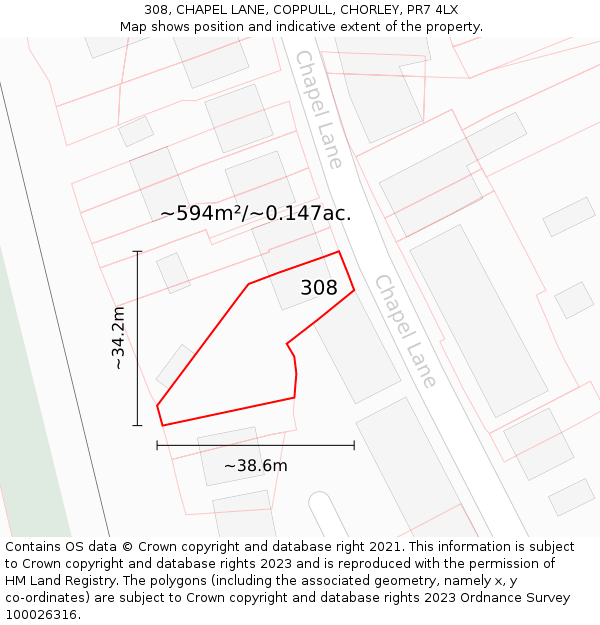 308, CHAPEL LANE, COPPULL, CHORLEY, PR7 4LX: Plot and title map