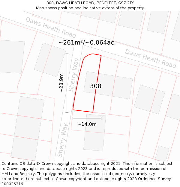 308, DAWS HEATH ROAD, BENFLEET, SS7 2TY: Plot and title map