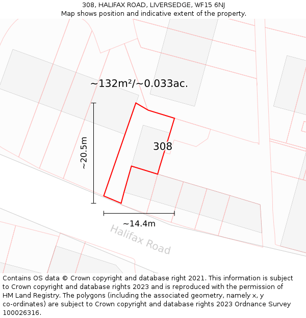 308, HALIFAX ROAD, LIVERSEDGE, WF15 6NJ: Plot and title map