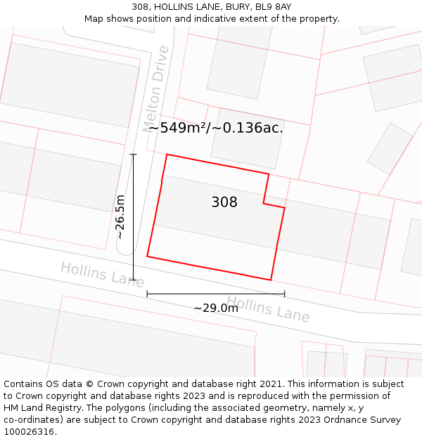 308, HOLLINS LANE, BURY, BL9 8AY: Plot and title map