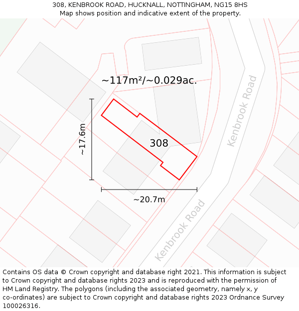 308, KENBROOK ROAD, HUCKNALL, NOTTINGHAM, NG15 8HS: Plot and title map