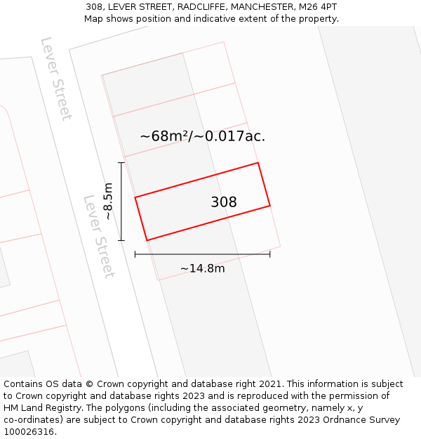 308, LEVER STREET, RADCLIFFE, MANCHESTER, M26 4PT: Plot and title map