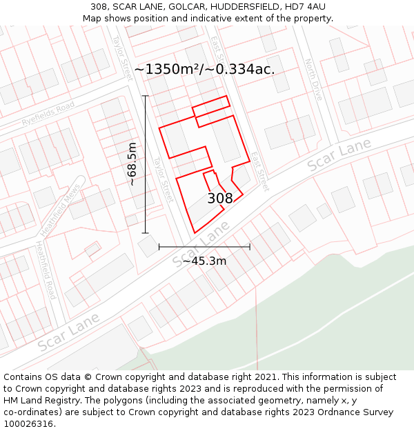 308, SCAR LANE, GOLCAR, HUDDERSFIELD, HD7 4AU: Plot and title map