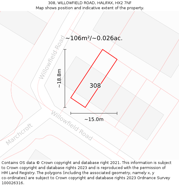 308, WILLOWFIELD ROAD, HALIFAX, HX2 7NF: Plot and title map
