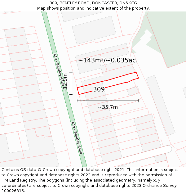 309, BENTLEY ROAD, DONCASTER, DN5 9TG: Plot and title map