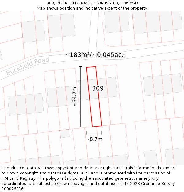 309, BUCKFIELD ROAD, LEOMINSTER, HR6 8SD: Plot and title map