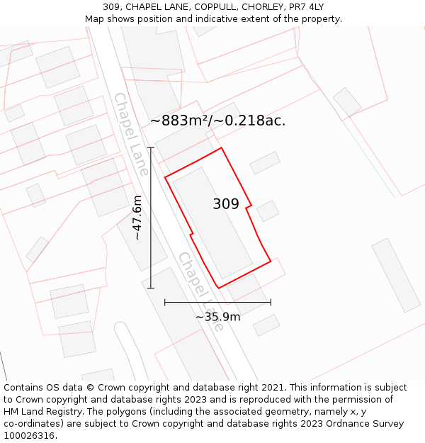 309, CHAPEL LANE, COPPULL, CHORLEY, PR7 4LY: Plot and title map