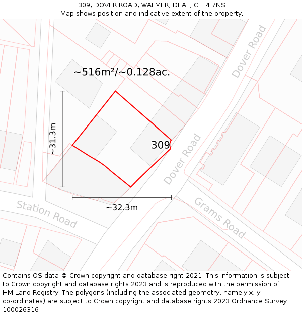 309, DOVER ROAD, WALMER, DEAL, CT14 7NS: Plot and title map
