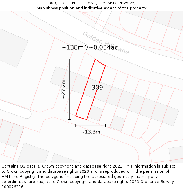 309, GOLDEN HILL LANE, LEYLAND, PR25 2YJ: Plot and title map