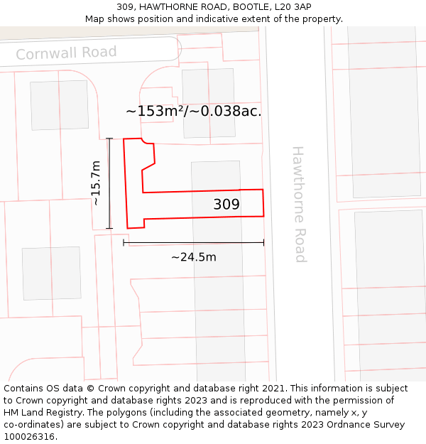 309, HAWTHORNE ROAD, BOOTLE, L20 3AP: Plot and title map