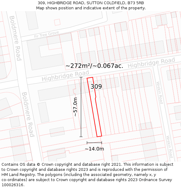 309, HIGHBRIDGE ROAD, SUTTON COLDFIELD, B73 5RB: Plot and title map