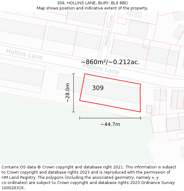 309, HOLLINS LANE, BURY, BL9 8BD: Plot and title map