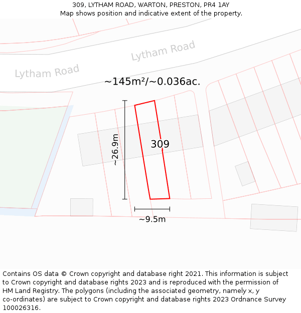 309, LYTHAM ROAD, WARTON, PRESTON, PR4 1AY: Plot and title map