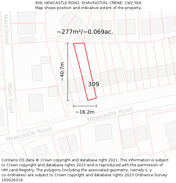 309, NEWCASTLE ROAD, SHAVINGTON, CREWE, CW2 5EA: Plot and title map