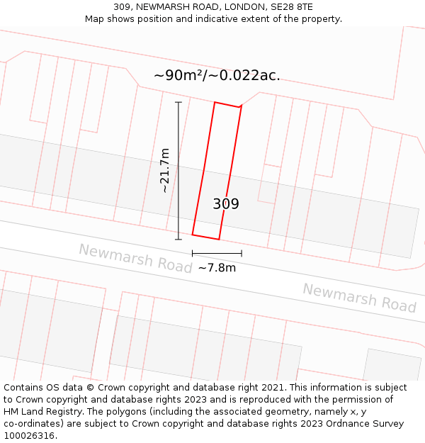 309, NEWMARSH ROAD, LONDON, SE28 8TE: Plot and title map