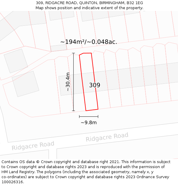 309, RIDGACRE ROAD, QUINTON, BIRMINGHAM, B32 1EG: Plot and title map