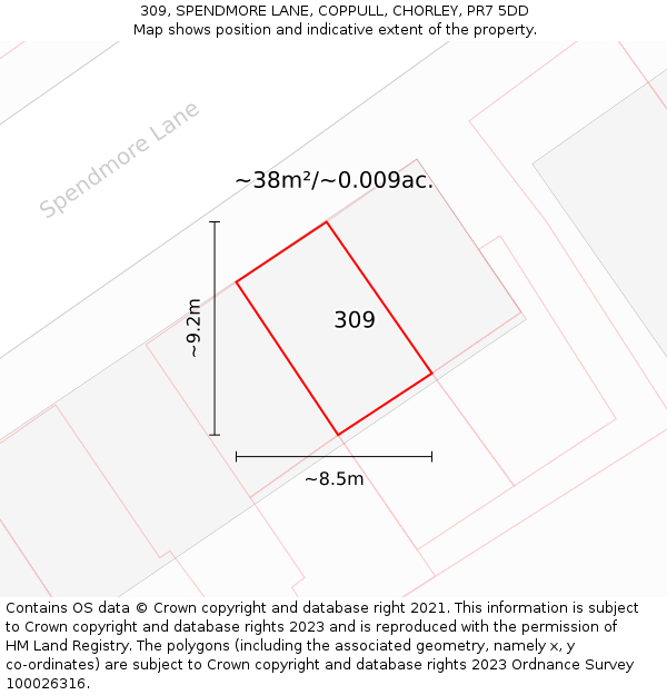 309, SPENDMORE LANE, COPPULL, CHORLEY, PR7 5DD: Plot and title map
