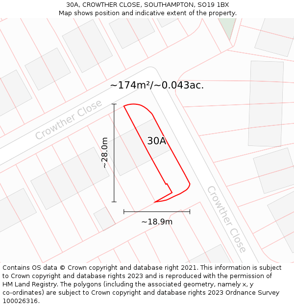 30A, CROWTHER CLOSE, SOUTHAMPTON, SO19 1BX: Plot and title map