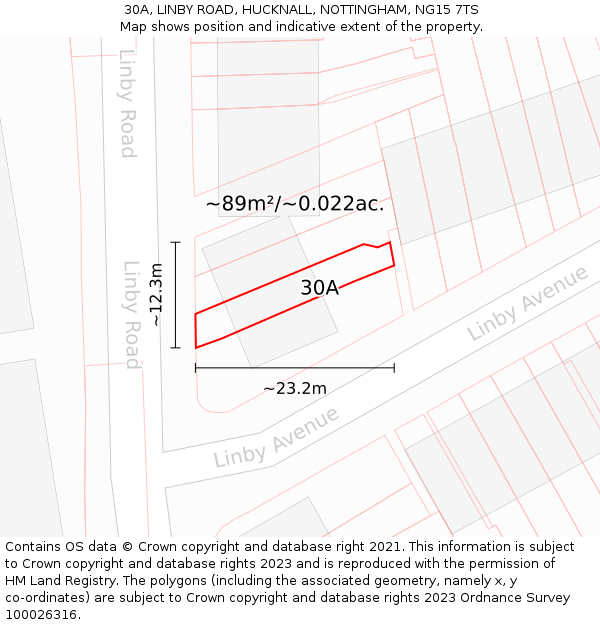 30A, LINBY ROAD, HUCKNALL, NOTTINGHAM, NG15 7TS: Plot and title map