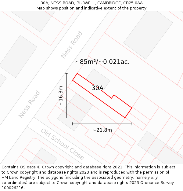 30A, NESS ROAD, BURWELL, CAMBRIDGE, CB25 0AA: Plot and title map