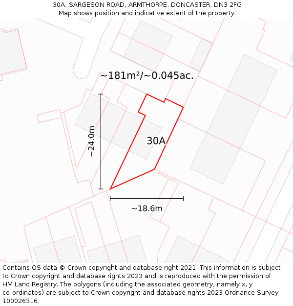 30A, SARGESON ROAD, ARMTHORPE, DONCASTER, DN3 2FG: Plot and title map