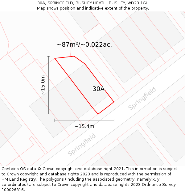 30A, SPRINGFIELD, BUSHEY HEATH, BUSHEY, WD23 1GL: Plot and title map