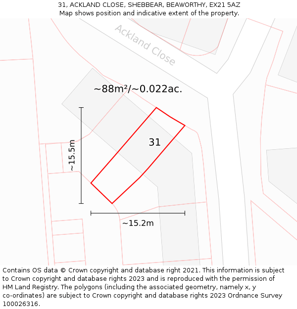 31, ACKLAND CLOSE, SHEBBEAR, BEAWORTHY, EX21 5AZ: Plot and title map
