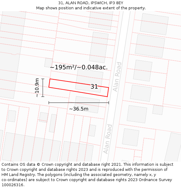 31, ALAN ROAD, IPSWICH, IP3 8EY: Plot and title map