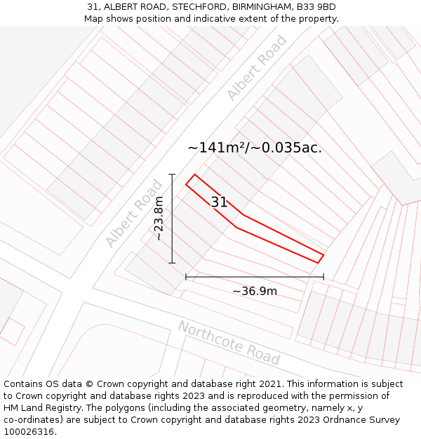 31, ALBERT ROAD, STECHFORD, BIRMINGHAM, B33 9BD: Plot and title map