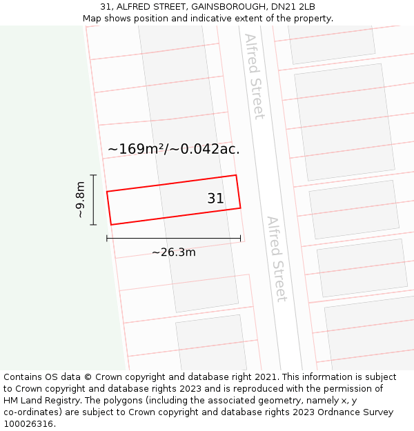 31, ALFRED STREET, GAINSBOROUGH, DN21 2LB: Plot and title map