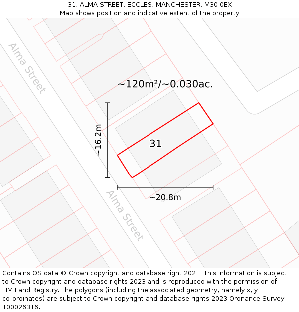 31, ALMA STREET, ECCLES, MANCHESTER, M30 0EX: Plot and title map