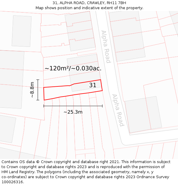 31, ALPHA ROAD, CRAWLEY, RH11 7BH: Plot and title map