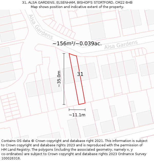 31, ALSA GARDENS, ELSENHAM, BISHOP'S STORTFORD, CM22 6HB: Plot and title map