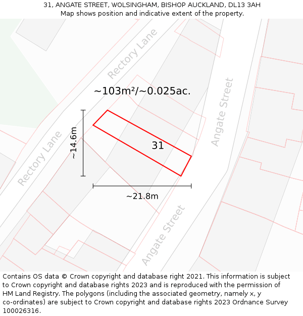 31, ANGATE STREET, WOLSINGHAM, BISHOP AUCKLAND, DL13 3AH: Plot and title map
