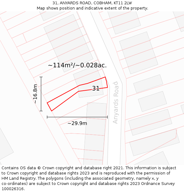 31, ANYARDS ROAD, COBHAM, KT11 2LW: Plot and title map