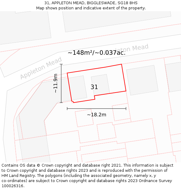 31, APPLETON MEAD, BIGGLESWADE, SG18 8HS: Plot and title map