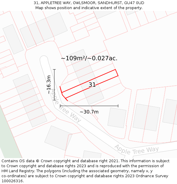31, APPLETREE WAY, OWLSMOOR, SANDHURST, GU47 0UD: Plot and title map