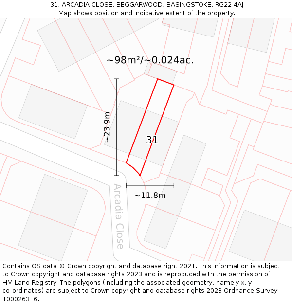 31, ARCADIA CLOSE, BEGGARWOOD, BASINGSTOKE, RG22 4AJ: Plot and title map