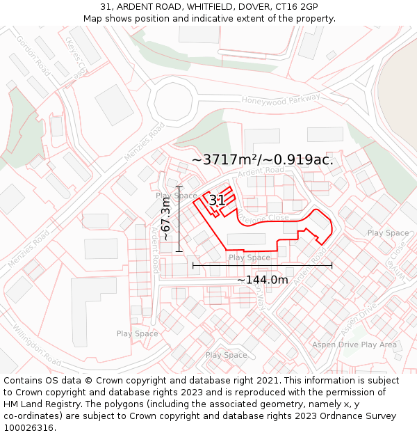 31, ARDENT ROAD, WHITFIELD, DOVER, CT16 2GP: Plot and title map