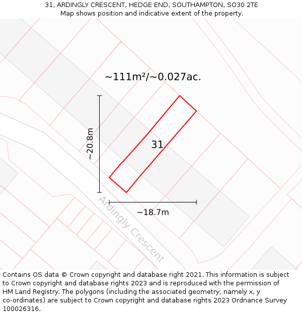 31, ARDINGLY CRESCENT, HEDGE END, SOUTHAMPTON, SO30 2TE: Plot and title map