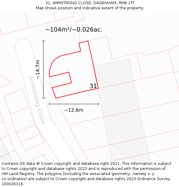 31, ARMSTRONG CLOSE, DAGENHAM, RM8 1TF: Plot and title map