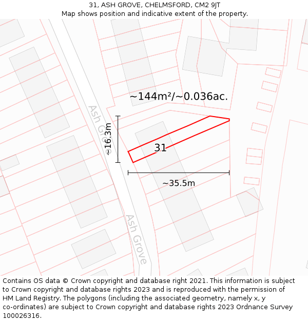 31, ASH GROVE, CHELMSFORD, CM2 9JT: Plot and title map