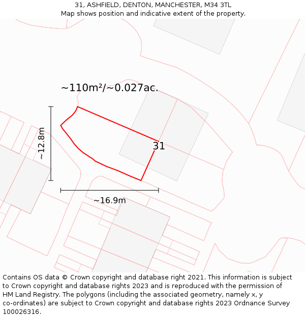 31, ASHFIELD, DENTON, MANCHESTER, M34 3TL: Plot and title map